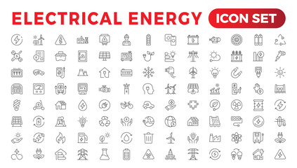 Electrical energy, electricity. Outline icon collection - obrazy, fototapety, plakaty