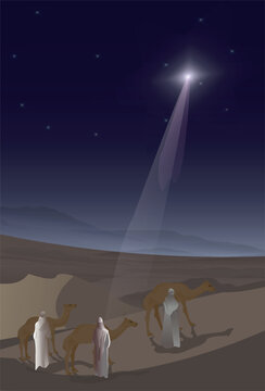 Three wise men following the star in the desert. Matthew 2:9 Vector illustration. Bible story. 