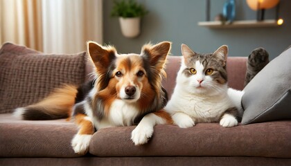 Cat and dog are resting together on the sofa