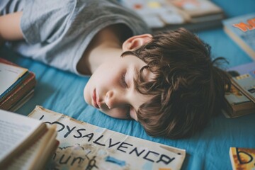 A young boy sleeping on a blue blanket