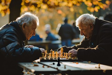 Two men playing chess on a wooden table - obrazy, fototapety, plakaty