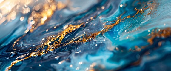 A blue and yellow ocean wave with a golden substance - obrazy, fototapety, plakaty