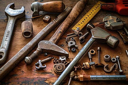 A variety of tools and measuring devices on a wooden table.