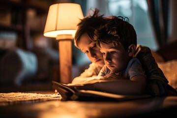Two boys reading a book together - obrazy, fototapety, plakaty