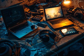 Two laptops on a cluttered desk with headphones and other electronics