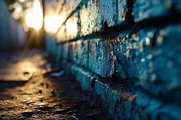 A brick wall with a blue tint and a sunset in the background - obrazy, fototapety, plakaty