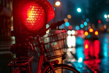A Bicycle with a Basket and a Red Traffic Light in the Background