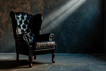 A black leather chair with a sunbeam shining on it