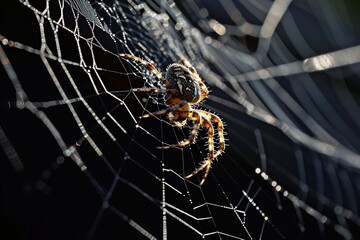 A Spider Crawling Across a Spider Web - obrazy, fototapety, plakaty