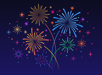 Fototapeta na wymiar Colorful fireworks display celebration background vector illustration for Xmas, new year, holiday, birthday, anniversary, victory, party, carnival, 4th of July, Independence day, printable banner
