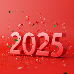 Red 2025 3d text render with isolated on red background with confetti, ai technology