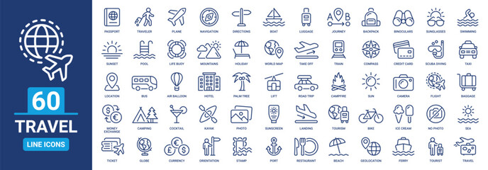 Travel icon outline set. Containing plane, tourism, passport, navigation, holiday, suitcase, trip, ticket and more. Vector line icons collection. © Icons-Studio