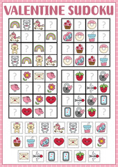 Vector kawaii Saint Valentine sudoku puzzle for kids with pictures. Simple love holiday quiz with cut and glue elements. Education activity with heart, unicorn, flower, sweet box. Find missing objects