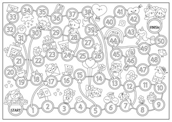 Saint Valentine black and white board game with cat boy going to cat girl. Love holiday line boardgame with unicorn, rainbow, hearts. Cute printable roll a dice activity or coloring page.