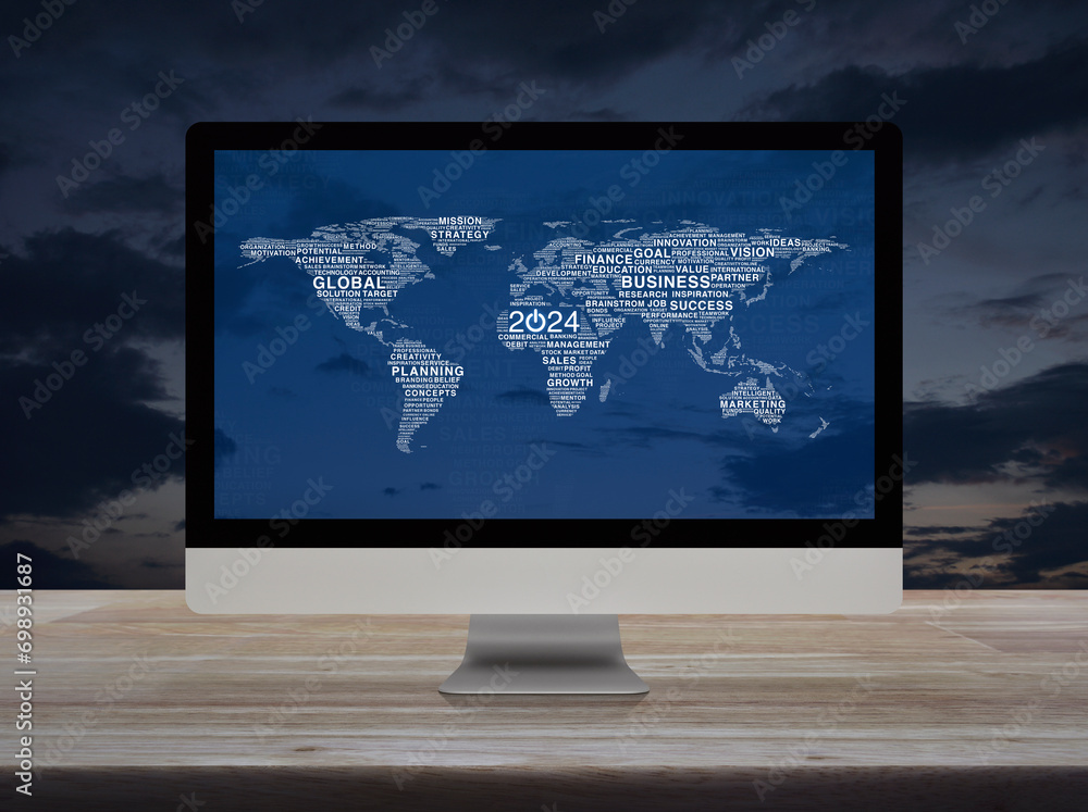 Poster 2024 start up business icon with global words world map on computer screen on table over sunset sky,