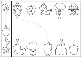 Saint Valentine black and white shape matching, coloring, drawing activity. Love holiday kawaii puzzle. Find correct silhouette printable worksheet. Cute coloring page with cat, unicorn, cake.