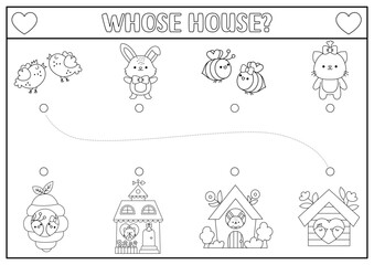 Saint Valentine black and white matching activity with kawaii character, homes. Fun love holiday puzzle with cat, birds, bunny, bumblebee. Printable worksheet, game, coloring page for kids.