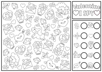 Saint Valentine black and white I spy game for kids. Searching and counting kawaii activity. Love holiday printable worksheet, coloring page. Simple spotting puzzle with unicorn, heart, cupid.