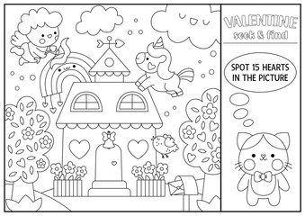 Vector Saint Valentine black and white searching game with house and kawaii characters. Spot hidden object. Simple love holiday seek and find activity, coloring page with unicorn, cat couple, heart.