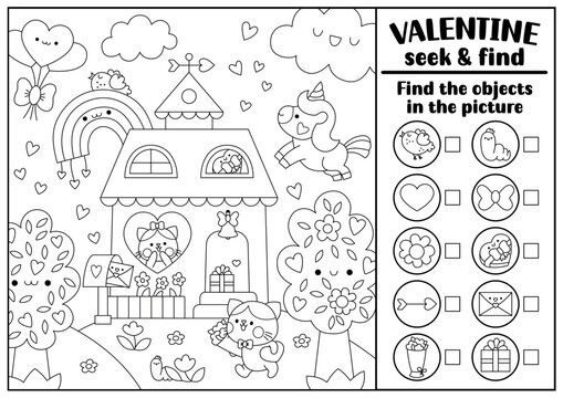 Vector Saint Valentine black and white searching game with house and kawaii character. Spot hidden objects coloring page. Simple love holiday seek and find activity with unicorn, cupid, hearts.