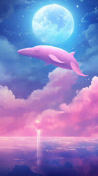 Pink dolphin flying in the sky. Pink and blue concept.