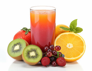 A refreshing glass of layered orange to red juice surrounded by its natural ingredients including sliced kiwi, a halved orange, strawberries, grapes, and a sprig of mint, all isolated on a white backg