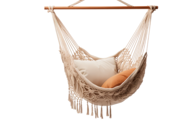 A Hammock Chair with a Freestanding Metal Frame On a White or Clear Surface PNG Transparent Background.