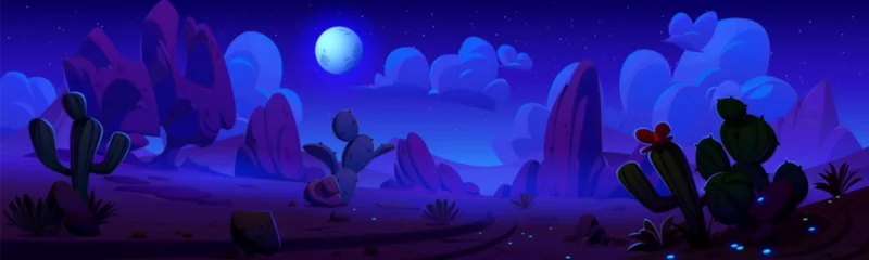 Fototapeten Night canyon desert landscape with cacti. Vector cartoon illustration of wild terrain with rocky stones, moon and stars glowing in dark sky, neon fireflies on sandy ground, exotic plants along road © klyaksun