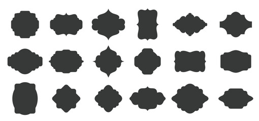 Large set of vector black silhouette frames or cartouches for badges in ornate classical curved and rounded symmetrical designs and shapes - obrazy, fototapety, plakaty