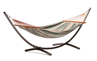 A Hammock Chair with a Freestanding Metal Frame On a White or Clear Surface PNG Transparent Background.