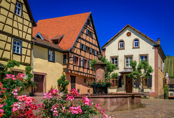 Traditional half timbered houses with blooming flowers in a popular village on the Alsatian Wine...