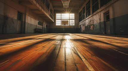 Sunlit basketball court in gym. - Powered by Adobe