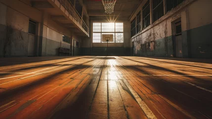 Fotobehang Sunlit basketball court in gym. © RISHAD