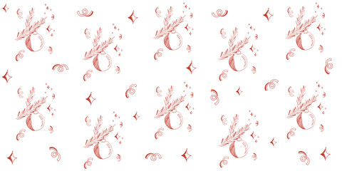 Trendy Hand Drawn Christmas Wrapping paper design with Doodle XMAS ball on the Christmas tree branch. Holiday banner. Vector illustration for textile, wrap print