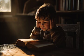 Fototapeta na wymiar Little boy reading a book in a dark room