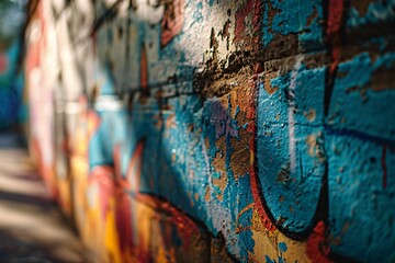 A colorful wall with peeling paint and graffiti