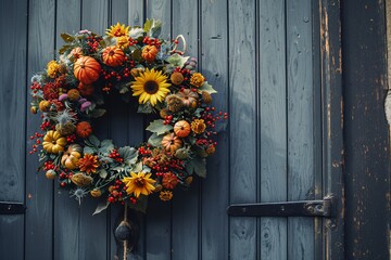 Fototapeta na wymiar A colorful autumn wreath with a variety of flowers and fruits.