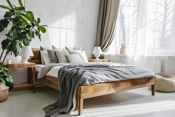 A large bed with a gray blanket and a potted plant on the windowsill.