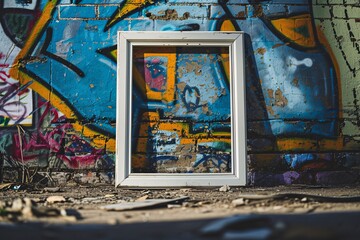 A white frame with a picture of a window in front of a graffiti wall.
