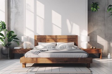 A large wooden bed with white sheets and pillows.