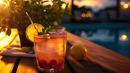 Cocktail on a table, garden, nature, alcohol, drinking at the pool, beautiful view, lemon slice, luxury, summer night, bar and restaurant, fresh beverage, - obrazy, fototapety, plakaty