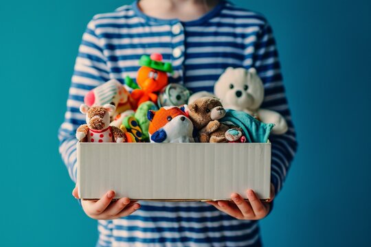 A child holding a box filled with stuffed animals.