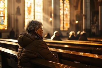 An elderly woman sitting in a church pew - obrazy, fototapety, plakaty