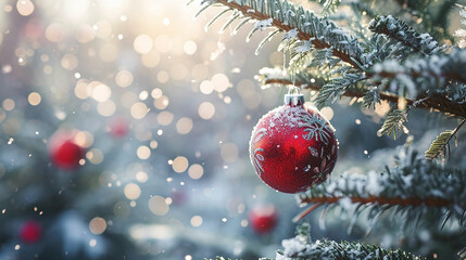 Fototapeta na wymiar Beautiful Christmas and New years eve Background with Christmas red ball hanging on fir tree branches. Made with generative ai