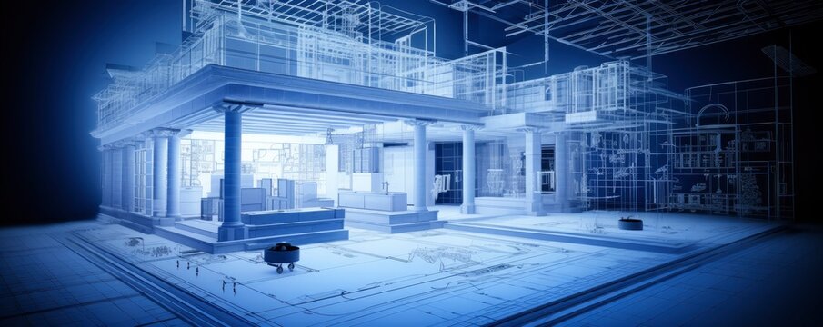Fototapeta building blueprint plans and house model ,Generative AI