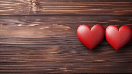 Two red hearts on wooden background, copy space - generative ai