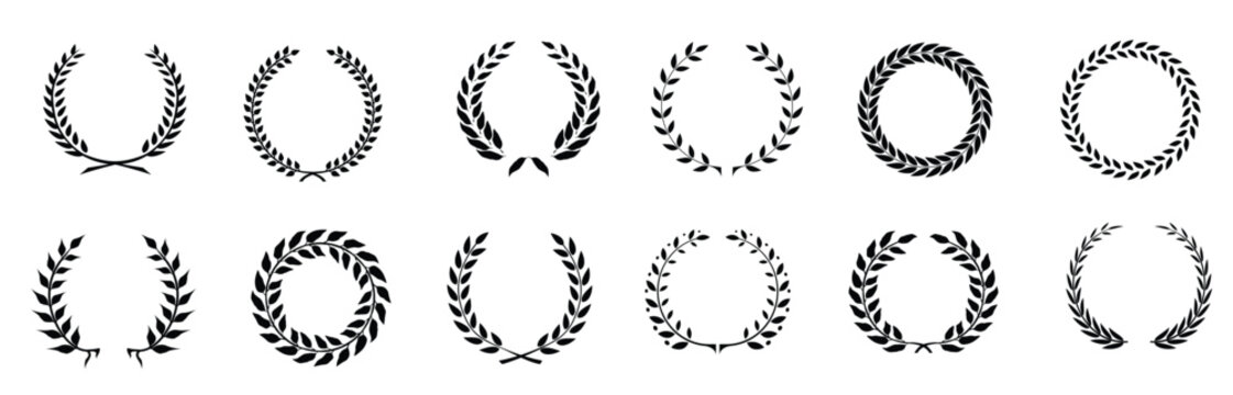 Set black silhouette circular laurel foliate, wheat and oak wreaths depicting an award, achievement, heraldry, nobility on white background. Emblem floral greek branch flat style - stock vector

