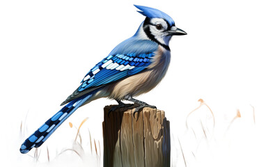 Lively Blue Jay on Fence Post On a White or Clear Surface PNG Transparent Background.