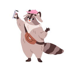 Obraz na płótnie Canvas Raccoon recording video selfie, waving hi. Cute funny animal blogger with mobile phone. Racoon character taking photo with smartphone. Flat graphic vector illustration isolated on white background