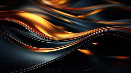 Fotobehang 3D render of abstract wavy metallic background with glowing golden lines © zenith